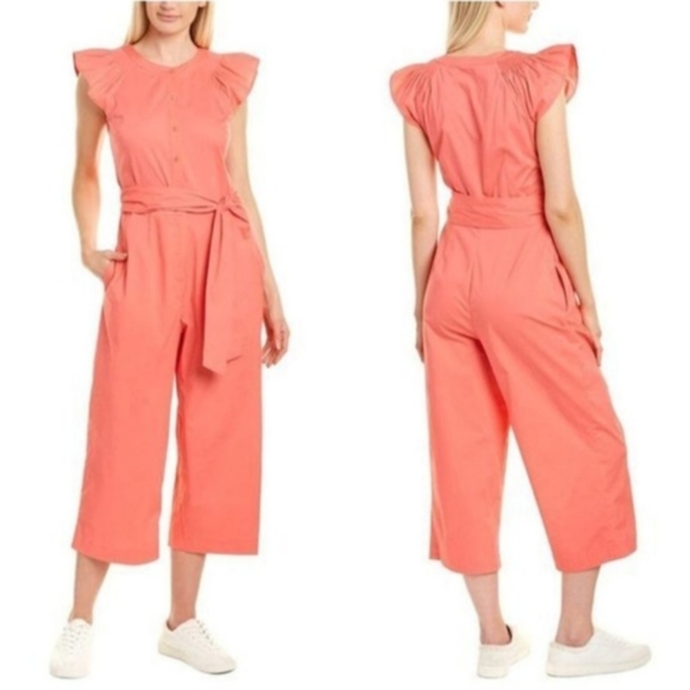 Gal Meets Glam Size 8 Pink Orange Flutter Sleeve Wide-Leg Cotton Jumpsuit  NWT